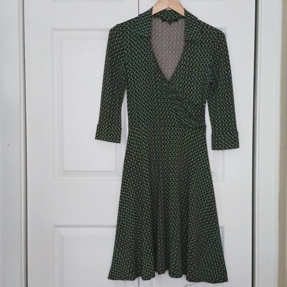 Lily Faux Wrap Dress 3/4 Sleeve Brown/Turquoise Size Small